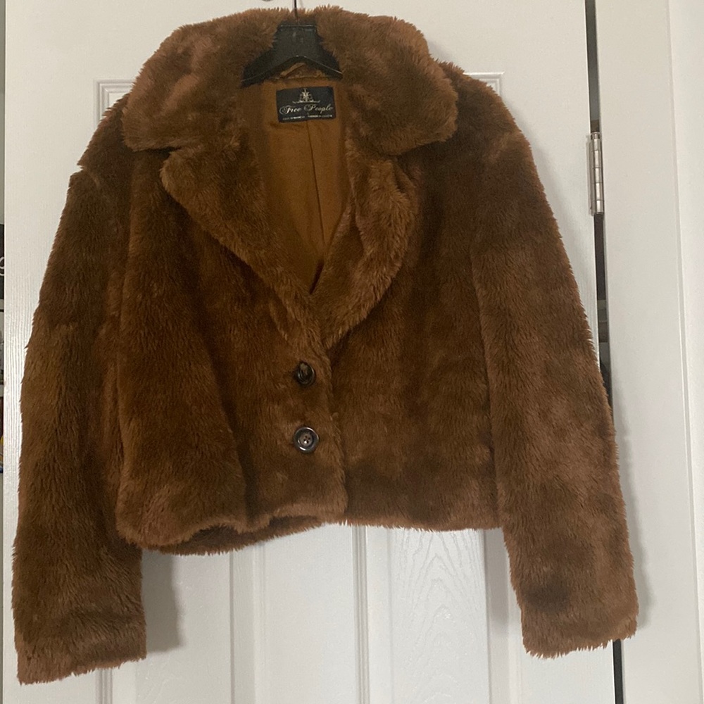 Free People Mena Faux Fur Teddy Jacket (Brown)